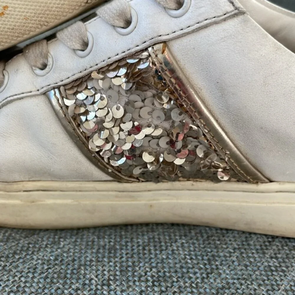 GC Tory Burch White Leather Sequins Detail Low Top Casual Lace Up Sneaker Sz 9